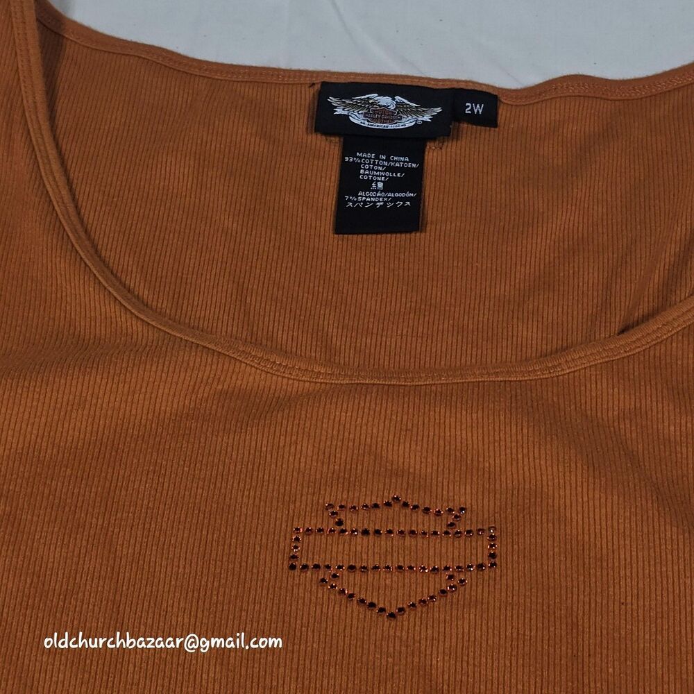 Harley-Davidson Womens Tank Top 2W Burnt Orange Ribbed Cotton Spandex Rhinestone